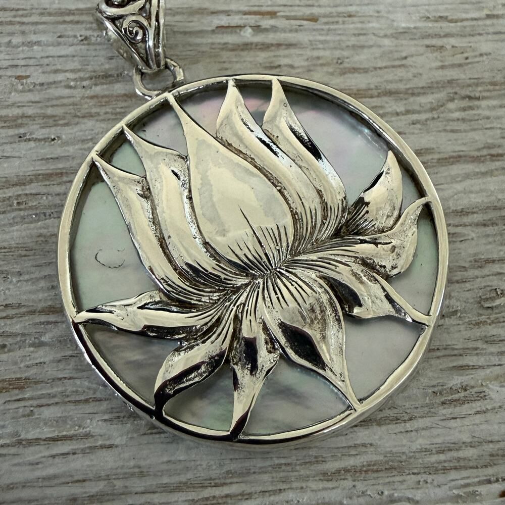 Sterling Silver Lotus Medallion Pendant- Mother of Pearl Shell - Picture 3 of 7